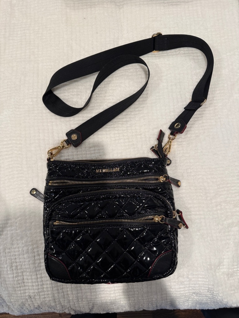 MZ Wallace Black Quilted Patent Crossbody with Gold Hardware